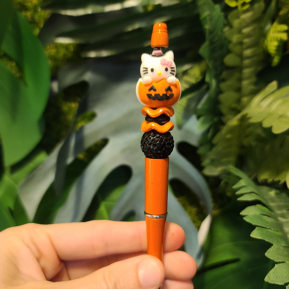 Beaded Rhinestone Black And Orange 3d Hello Kitty Pumpkin Pen
